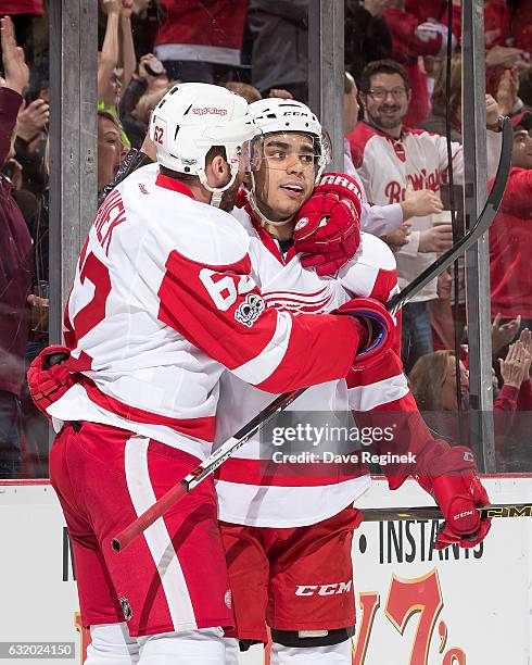 Andreas Athanasiou of the Detroit Red Wings celebrates his second period goal with teammate Thomas Vanek during an NHL game against the Boston Bruins...