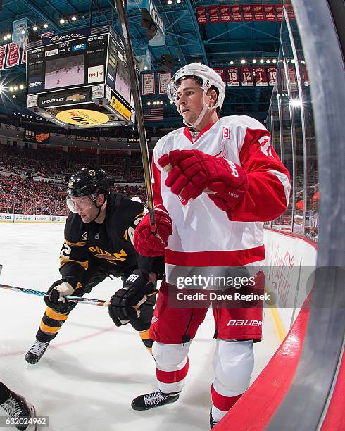 Dylan Larkin of the Detroit Red Wings battles along the boards with David Backes of the Boston Bruins during an NHL game at Joe Louis Arena on...