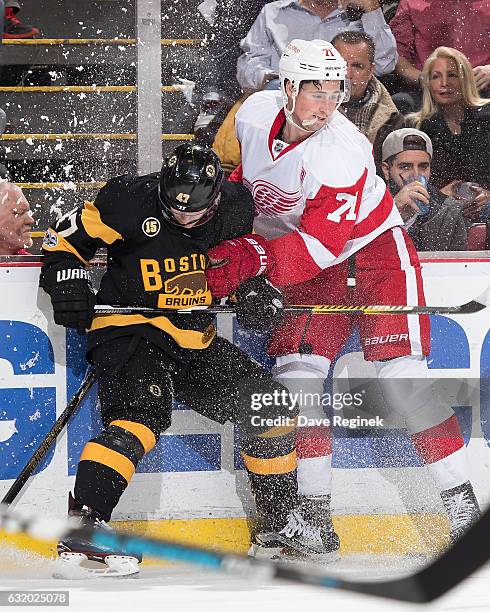 Torey Krug of the Boston Bruins battles along the boards for the puck with Dylan Larkin of the Detroit Red Wings during an NHL game at Joe Louis...