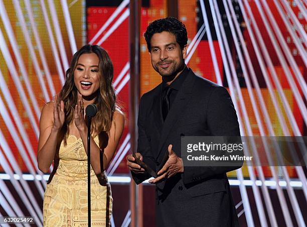Actors Jamie Chung and Adam Rodriguez speak onstage during the People's Choice Awards 2017 at Microsoft Theater on January 18, 2017 in Los Angeles,...