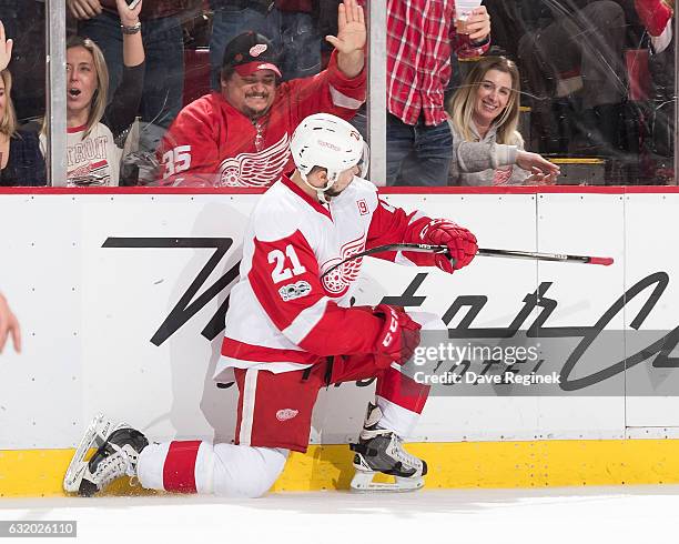 Tomas Tatar of the Detroit Red Wings celebrates his second period goal during an NHL game against the Boston Bruins at Joe Louis Arena on January 18,...
