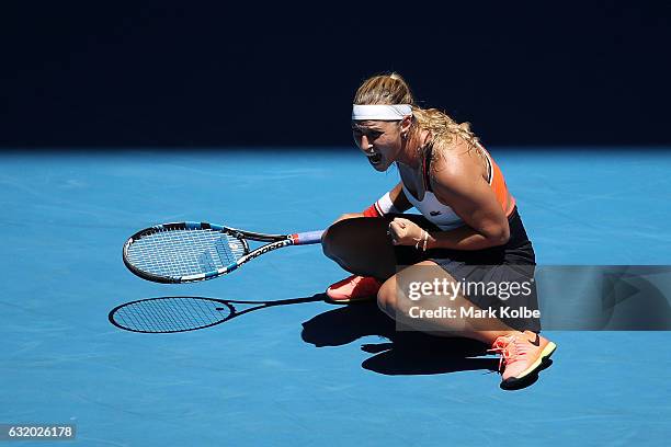 Dominika Cibulkova of Slovakia celebrates winning her second round match against Su-Wei Hsieh of Chinese Taipei on day four of the 2017 Australian...