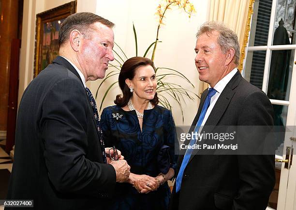 Former Washington Post publisher Donald Graham talks with Ambassador Kim Darroch and a guest at an Afternoon Tea hosted by the British Embassy to...