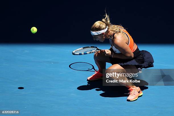 Dominika Cibulkova of Slovakia celebrates winning her second round match against Su-Wei Hsieh of Chinese Taipei on day four of the 2017 Australian...