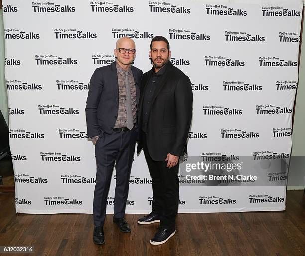 Moderator Logan Hill and Magician David Blaine attend TimesTalks with David Blaine held at Florence Gould Hall on January 18, 2017 in New York City.