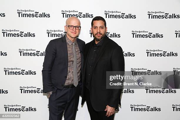 Moderator Logan Hill and Magician David Blaine attend TimesTalks with David Blaine held at Florence Gould Hall on January 18, 2017 in New York City.