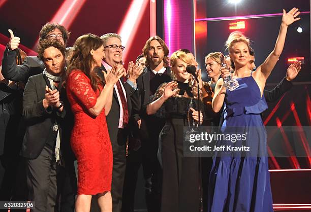 The cast and crew of 'The Big Bang Theory' accept an award onstage during the People's Choice Awards 2017 at Microsoft Theater on January 18, 2017 in...