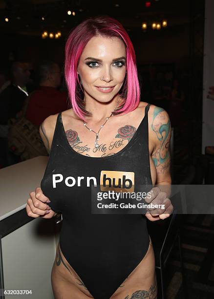 Adult film actress Anna Bell Peaks appears in the Pornhub booth at the 2017 AVN Adult Entertainment Expo at the Hard Rock Hotel & Casino on January...