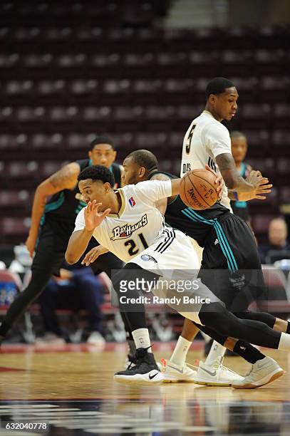 Anthony Brown of the Erie BayHawks handles the ball against the Greensboro Swarm as part of 2017 NBA D-League Showcase at the Hershey Centre on...