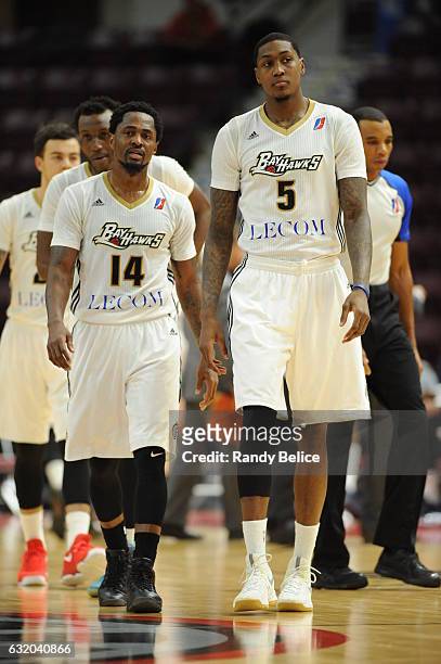 Kalin Lucas and Alex Davis of the Erie BayHawks look on during the game against the Greensboro Swarm as part of 2017 NBA D-League Showcase at the...