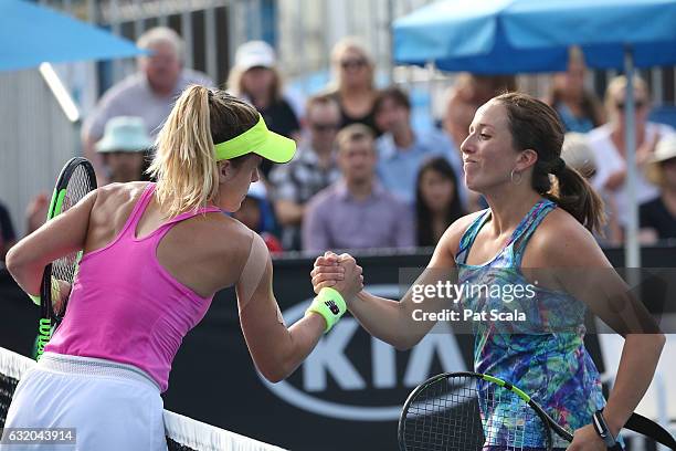 Irina Falconi of the United States congratulates Nicole Gibbs of the United States after their second round match on day four of the 2017 Australian...