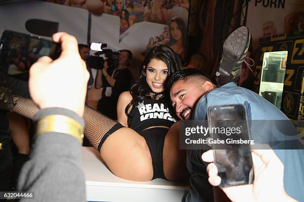 Adult film actress Gina Valentina appears in the Realty Kings booth during the 2017 AVN Adult Entertainment Expo at the Hard Rock Hotel & Casino on...