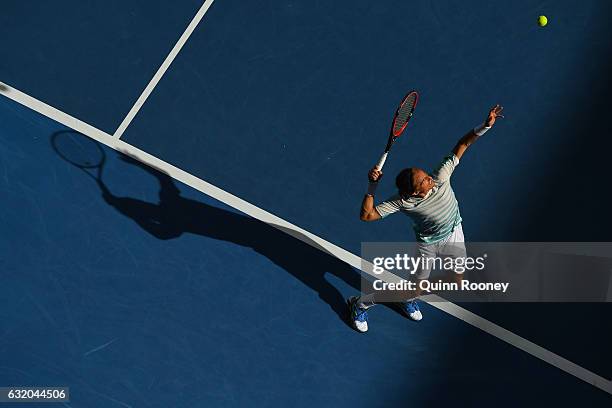 Alexandr Dolgopolov of the Ukraine serves in his second round match against Gael Monfils of France on day four of the 2017 Australian Open at...