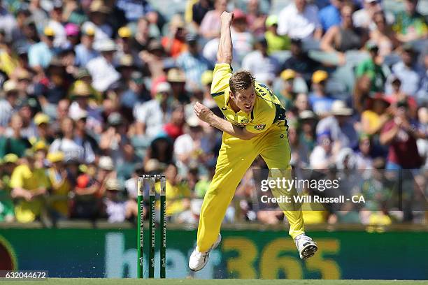 James Faulkner of Australia bowls during game three of the One Day International series between Australia and Pakistan at WACA on January 19, 2017 in...