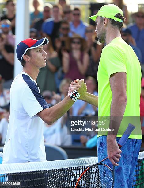 Ivo Karlovic of Croatia celebrates winning his second round match against Andrew Whittington of Australia on day four of the 2017 Australian Open at...