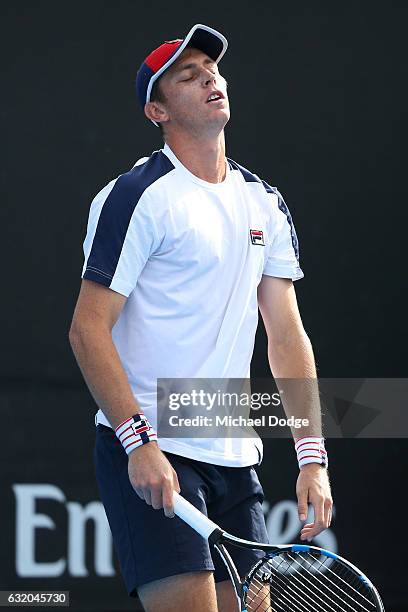 Andrew Whittington of Australia reacts in his second round match against Ivo Karlovic of Croatia on day four of the 2017 Australian Open at Melbourne...