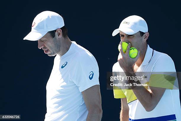 Daniel Nestor of Canada and Edouard Roger-Vasselin of France compete in their first round match against Andres Molteni and Diego Schwartzman of...