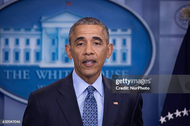 President Barack Obama holds the last news conference of his presidency in the Brady Press Briefing Room at the White House January 18, 2017 in...