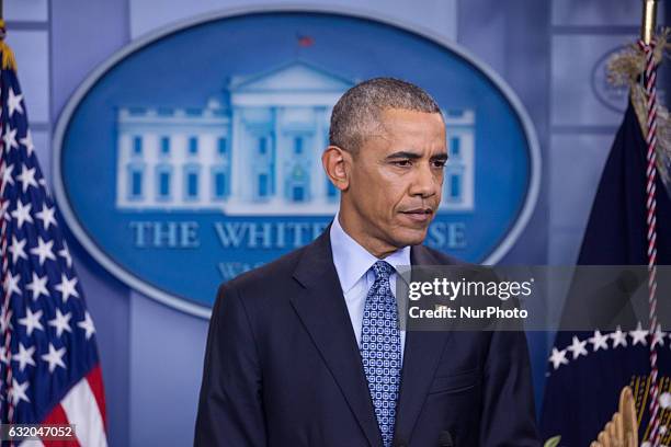 President Barack Obama holds the last news conference of his presidency in the Brady Press Briefing Room at the White House January 18, 2017 in...