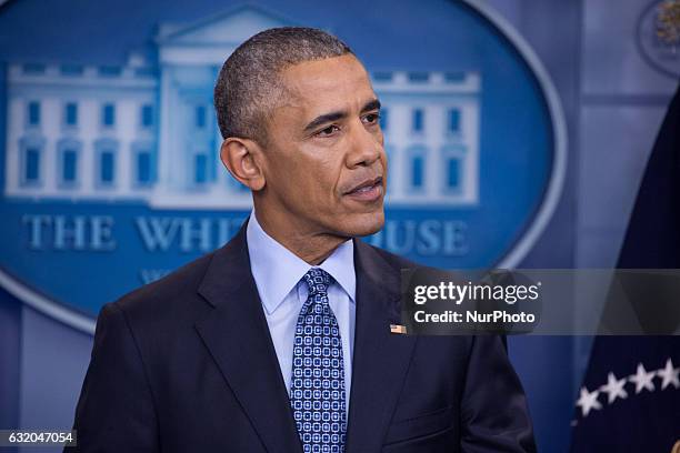 President Barack Obama holds the last news conference of his presidency in the Brady Press Briefing Room at the White House January 18, 2017 in...