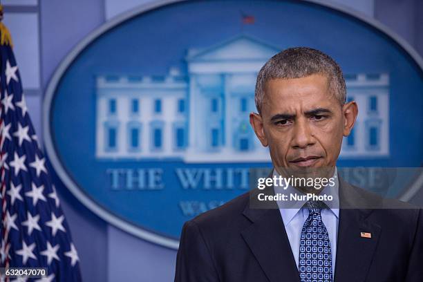 President Barack Obama holds the last news conference of his presidency in the Brady Press Briefing Room at the White House January 18, 2017 in...