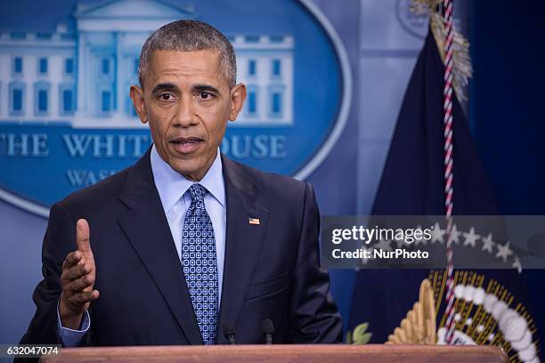 President Barack Obama holds the last news conference of his presidency in the Brady Press Briefing Room at the White House January 18, 2017 in...