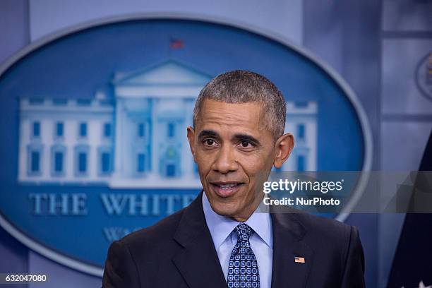 President Barack Obama holds the last news conference of his presidency in the Brady Press Briefing Room at the White House January 18, 2017 in...