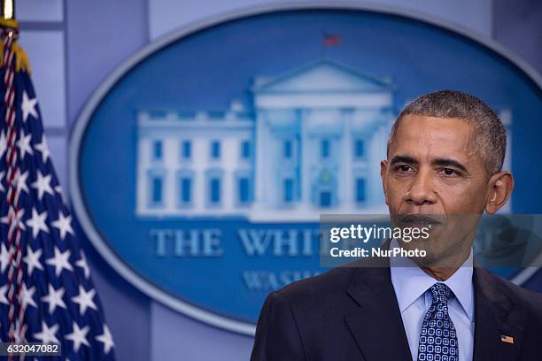 President Barack Obama holds the last news conference of his presidency in the Brady Press Briefing Room at the White House January 18, 2017 in...