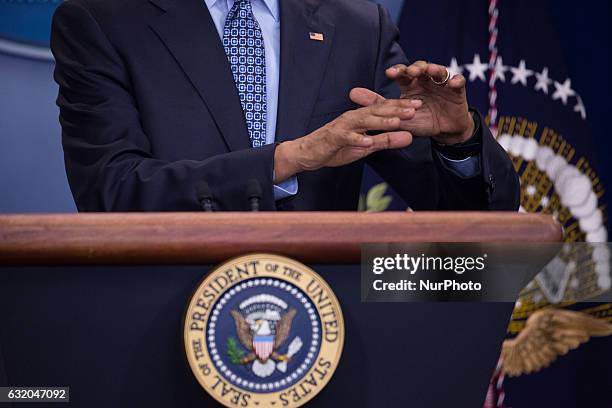 President Barack Obama holds the last news conference of his presidency in the Brady Press Briefing Room at the White House January 18, 2017 in...