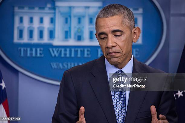 President Barack Obama holds the last news conference of his presidency in the Brady Press Briefing Room at the White House January 18, 2017 in...