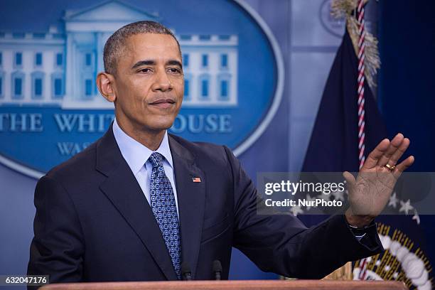 President Barack Obama holds the last news conference of his presidency in the Brady Press Briefing Room at the White House January 18, 2017 in...