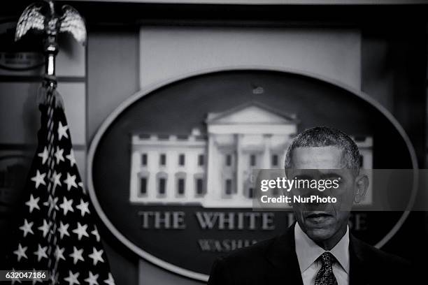 President Barack Obama holds the last news conference of his presidency in the Brady Press Briefing Room at the White House January 18, 2017 in...