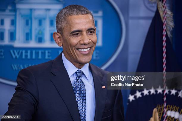 President Barack Obama holds the last news conference of his presidency in the Brady Press Briefing Room at the White House January 18, 2017 in...