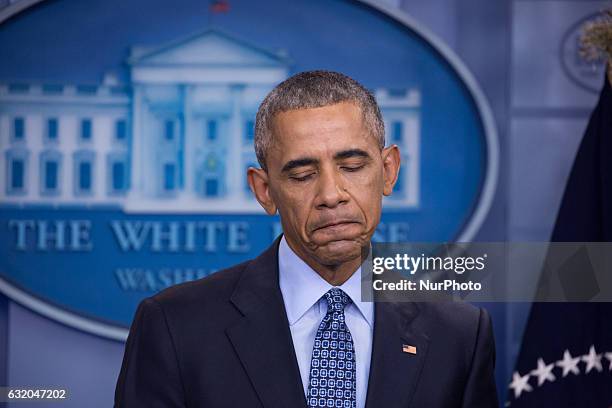 President Barack Obama holds the last news conference of his presidency in the Brady Press Briefing Room at the White House January 18, 2017 in...