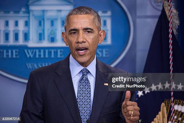 President Barack Obama holds the last news conference of his presidency in the Brady Press Briefing Room at the White House January 18, 2017 in...