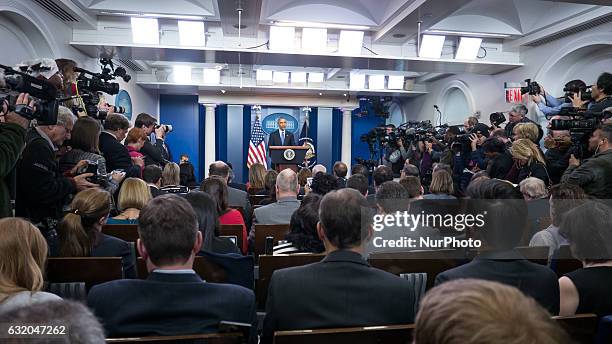 President Barack Obama holds the last news conference of his presidency in the Brady Press Briefing Room at the White House January 18, 2017 in...