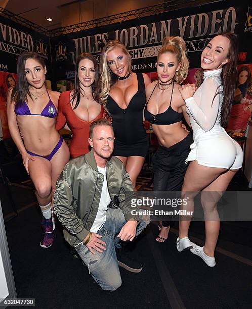 Adult film producer/director Jules Jordan poses with adult film actresses Abella Danger, Angela White, Samantha Saint, Jessa Rhodes and Aidra Fox at...