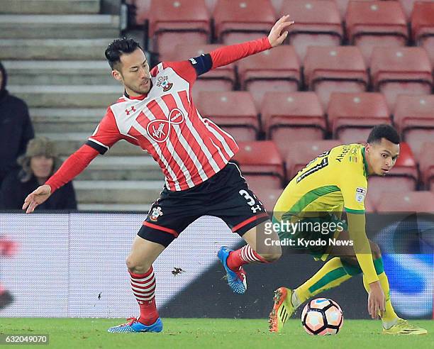 Maya Yoshida of Southampton is seen in action during the second half of an FA Cup third-round replay against Norwich City in Southampton, England, on...