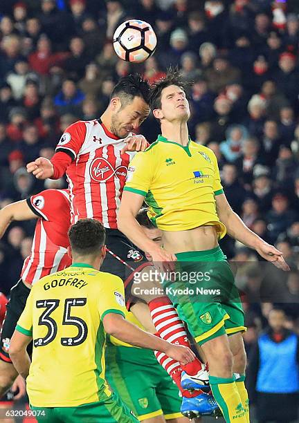 Maya Yoshida of Southampton is seen in action during the second half of an FA Cup third-round replay against Norwich City in Southampton, England, on...