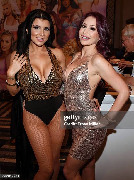 Adult film actresses Romi Rain and Monique Alexander appear at the Brazzers booth at the 2017 AVN Adult Entertainment Expo at the Hard Rock Hotel &...