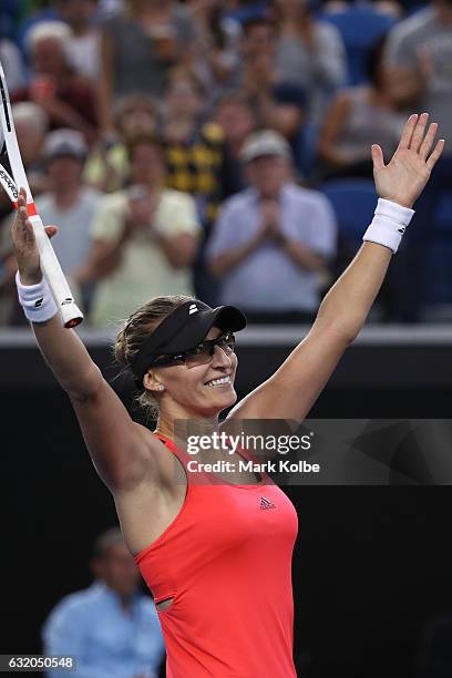 Mirjana Lucic-Baroni of Croatia celebrates winning her second round match against Agnieszka Radwanska of Poland on day four of the 2017 Australian...