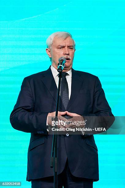 Governor of St.Petersburg Georgy Poltavchenko speaks on stage during the official EURO 2020 logo presentation for the Manege of the First Cadet Corps...