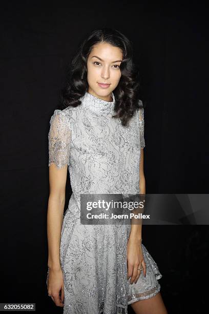 Rebecca Mir is seen backstage ahead of the Ewa Herzog show during the Mercedes-Benz Fashion Week Berlin A/W 2017 at Kaufhaus Jandorf on January 19,...