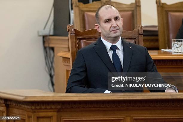 The newly elected President of Bulgaria Rumen Radev looks on during his swearing-in ceremony in the Bulgarian Parliament in Sofia, on January 19,...