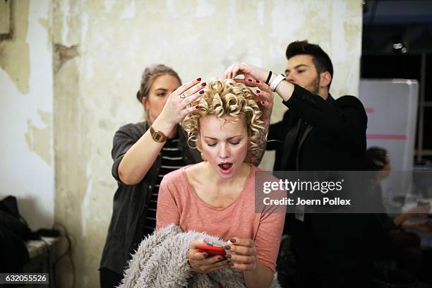 Franziska Knuppe is seen backstage ahead of the Ewa Herzog show during the Mercedes-Benz Fashion Week Berlin A/W 2017 at Kaufhaus Jandorf on January...