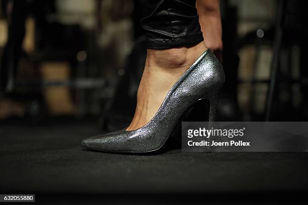 Model, shoe detail, is seen backstage ahead of the Ewa Herzog show during the Mercedes-Benz Fashion Week Berlin A/W 2017 at Kaufhaus Jandorf on...