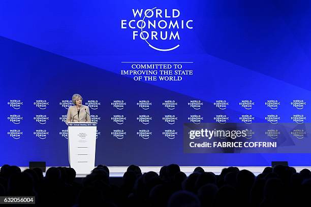 British Prime Minister Theresa May delivers a speech on the third day of the Forum's annual meeting, on January 19, 2017 in Davos. Theresa May...