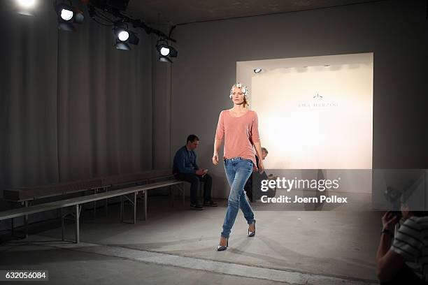 Franziska Knuppe is seen backstage ahead of the Ewa Herzog show during the Mercedes-Benz Fashion Week Berlin A/W 2017 at Kaufhaus Jandorf on January...