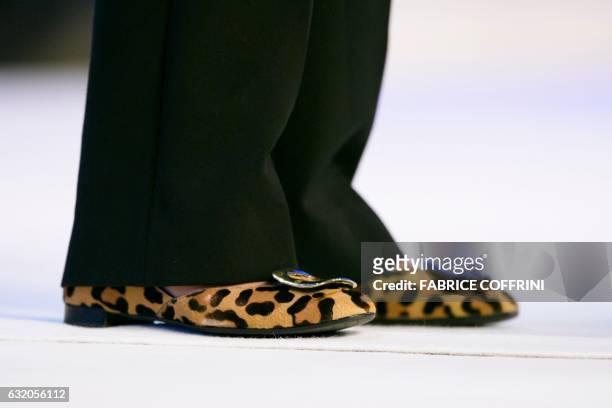 British Prime Minister Theresa May's shoes are pictured during her speech on the third day of the Forum's annual meeting, on January 19, 2017 in...