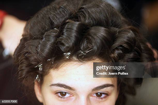 Model, hair detail, is seen backstage ahead of the Ewa Herzog show during the Mercedes-Benz Fashion Week Berlin A/W 2017 at Kaufhaus Jandorf on...